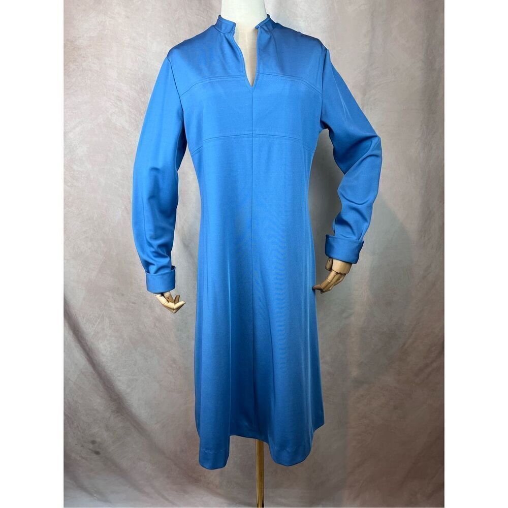 Vintage 1970s Mod Blue Poly Long Sleeve Dress MCM GoGo Retro Disco Plus Size